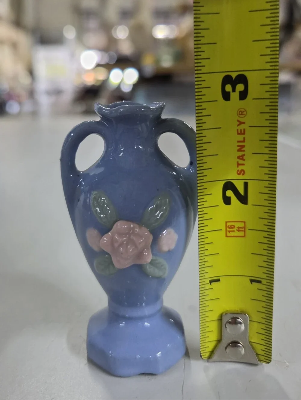 Vintage Japan Miniature Ceramic Bud Vase Blue Pink Applied Rose Amphora 2.75”